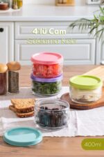Porsima Lapis 4lü Hava Geçirmez Cam Kahvaltılık Seti Renkli Kapaklı Saklama Kabı 400ml