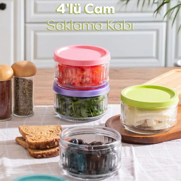 Porsima Lapis 4lü Hava Geçirmez Cam Kahvaltılık Seti Renkli Kapaklı Saklama Kabı 400ml