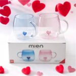 Mien İkili Cam Kupa Seti 250 ml – Kalpli Tasarım Mavi & Pembe Şık Kupa Takımı - Görsel 2