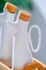 ACAR Pamira Beyaz Porselen Bambu Standlı 2'li Yağlık ve Sirkelik Seti - Görsel 2