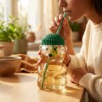 Cebe Home 580 ml Ayılı Cam Bardak Yeşil Detaylı Büyük Boy Kupa