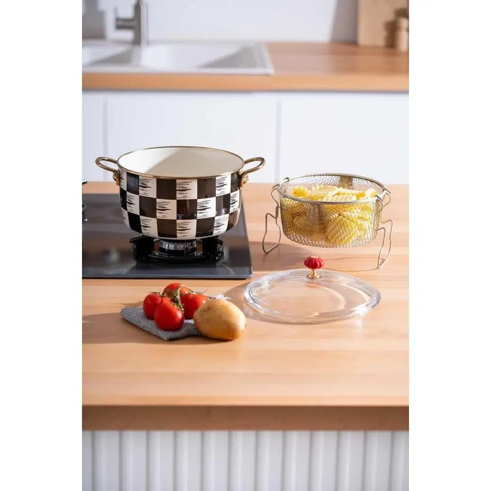 Kitchen Beyond Emaye Kızartma Tenceresi 22 cm Dama Desenli