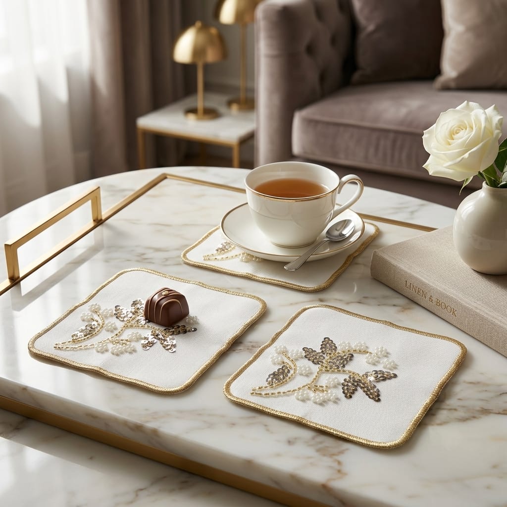 3'lü Kare Nakışlı ve Taşlı Dekoratif Sunumluk Seti 15x15 cm