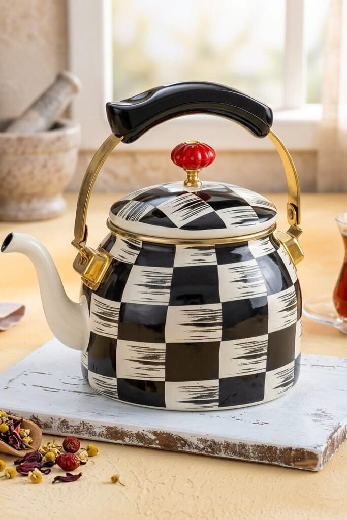 Kitchen Beyond Emaye Bitki Çayı Demliği 2.25 Litre Dama Desenli Fil Dişi