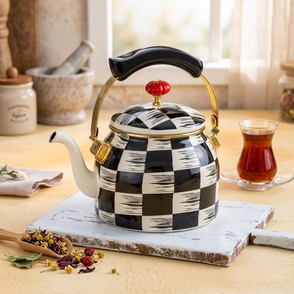 Kitchen Beyond Emaye Bitki Çayı Demliği 2.25 Litre Dama Desenli Fil Dişi