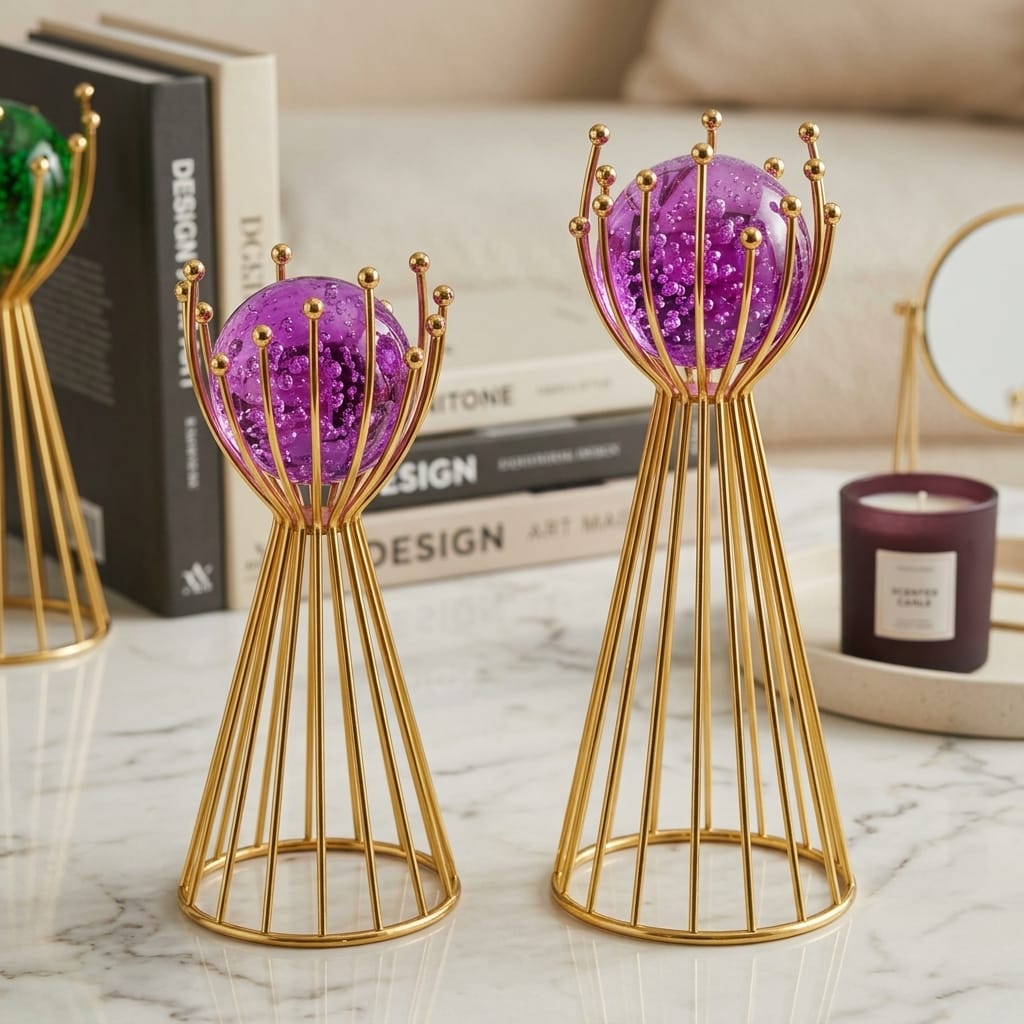 8683666619506-image-1 Leila 2'li Dekoratif Mor Kristal Küre Seti Gold Metal Tel Kafesli