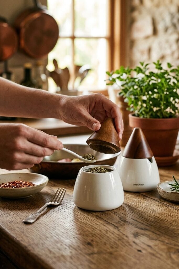 Buenos Bambu Kapaklı Ahşap Standlı 2'li Kaşıklı Porselen Baharatlık Seti