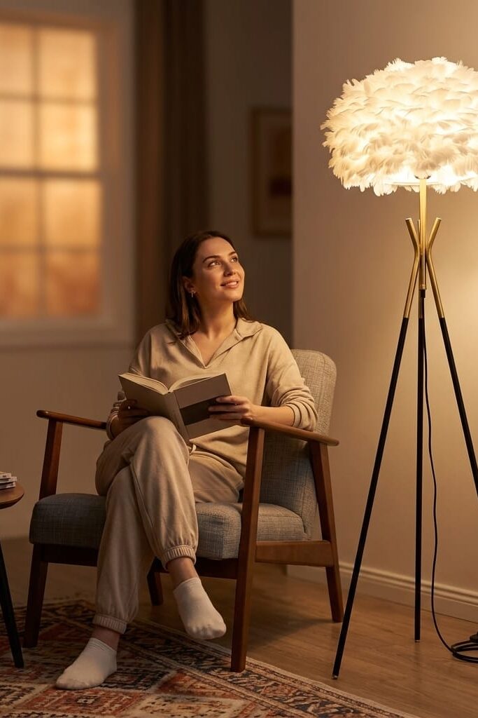 Modern Tüylü Lambader 160 cm Tripod Gold Detaylı Beyaz