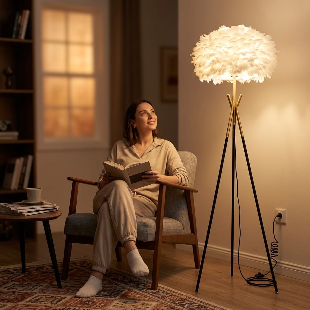 Modern Tüylü Lambader 160 cm Tripod Gold Detaylı Beyaz