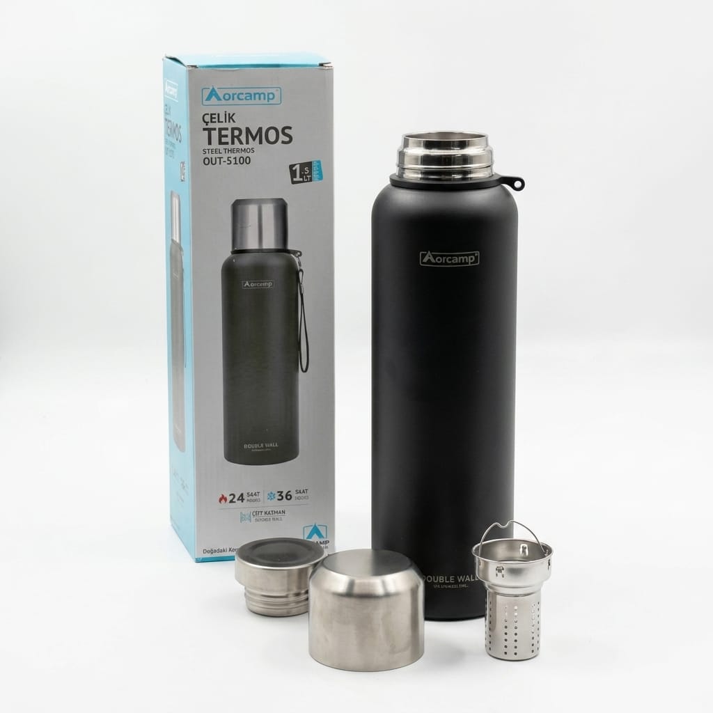 Orcamp 1500 ml Çelik Termos Siyah Vakumlu