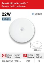 Ferled 22 Watt Hareket Sensörlü LED Armatür 30 cm – 6500K Beyaz Işık - Görsel 4