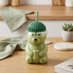 Cebe Home 580 ml Ayılı Cam Bardak Yeşil Detaylı Büyük Boy Kupa