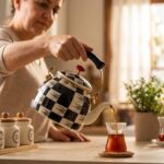 Kitchen Beyond Emaye Bitki Çayı Demliği 2.25 Litre Dama Desenli Fil Dişi