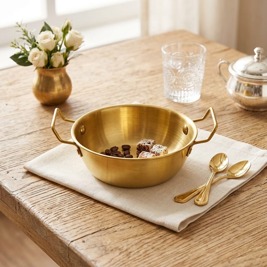 Gold Metal Çift Kulplu Sunumluk 14 cm Dekoratif Sunum Tabağı