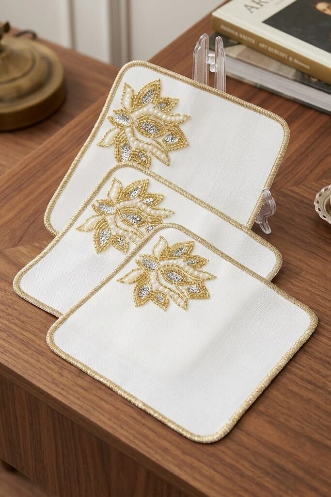 3lü Set Kare Nakışlı Taşlı Dekoratif Sunumluk 15x15 cm