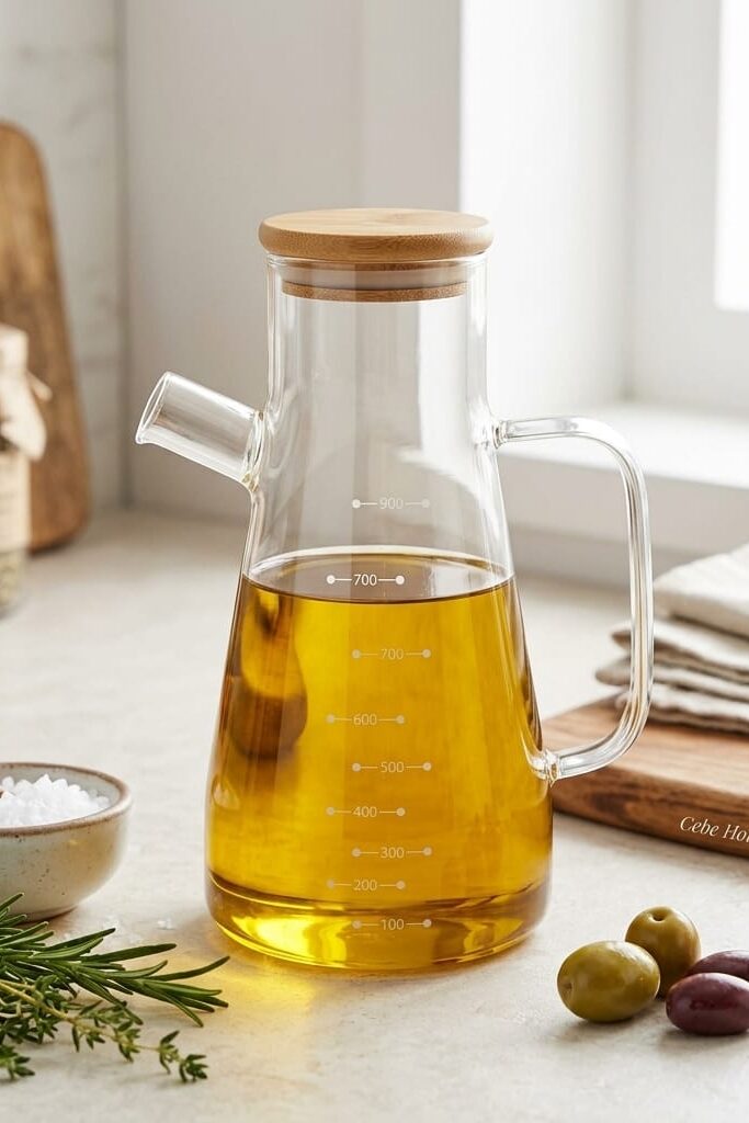 Cebe Home 900 ml Bambu Kapaklı Cam Yağlık ve Sirkelik