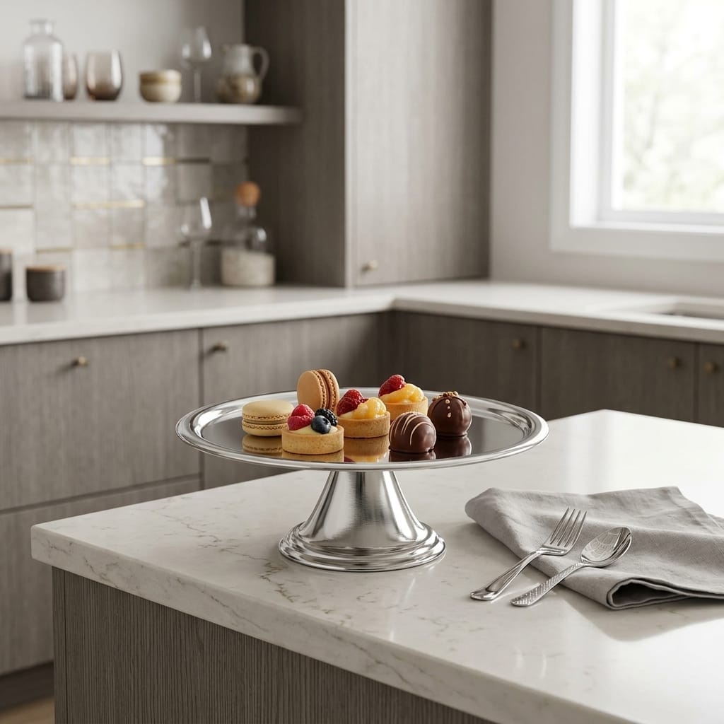 Ayaklı Gümüş Sunumluk 23 cm Dekoratif Yuvarlak Servis Tabağı