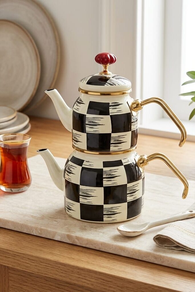 Kitchen Beyond Qualita-King Mini Emaye Dama Çaydanlık Takımı Fildişi