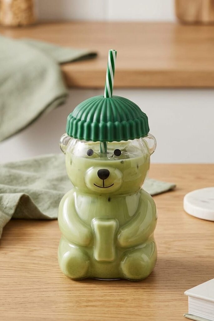 Cebe Home 580 ml Ayılı Cam Bardak Yeşil Detaylı Büyük Boy Kupa