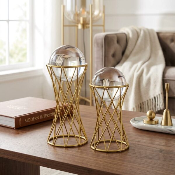 Gold Metal Standlı Kristal Görünümlü Dekoratif 2li Küre Seti
