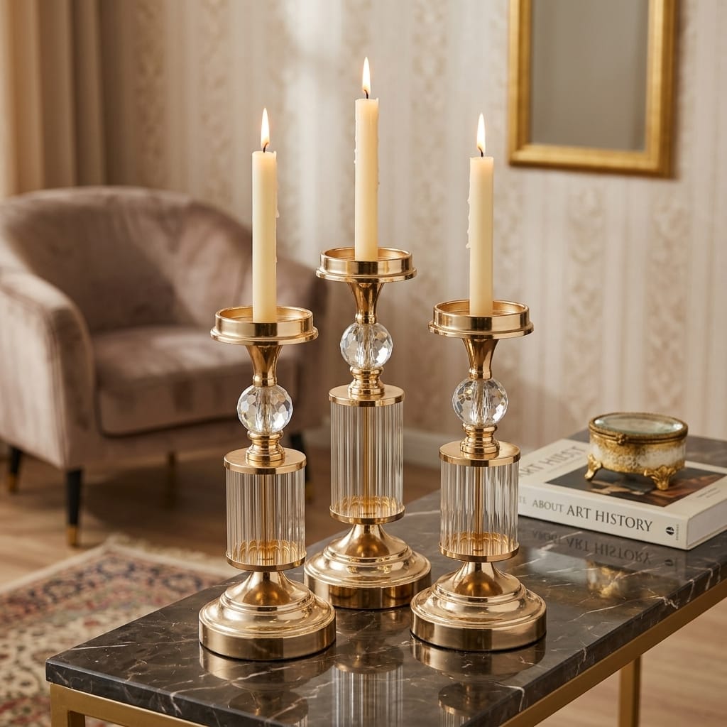 3'lü Kristal Şamdan Seti Modern Dekoratif Mumluk 31-34 cm