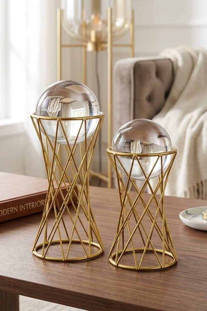 Gold Metal Standlı Kristal Görünümlü Dekoratif 2li Küre Seti