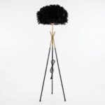 Modern Siyah Tüylü Lambader Gold Detaylı Tripod Ayaklı 160 cm