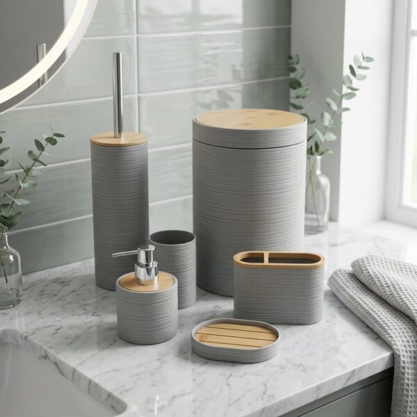 Bathlux 6 Parça Yuvarlak Bambu Detaylı Banyo Seti