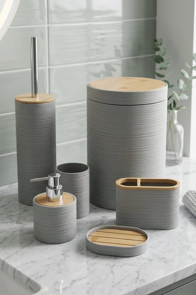 Bathlux 6 Parça Yuvarlak Bambu Detaylı Banyo Seti