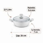 Liva 24 cm Beyaz Granit Seramik Karnıyarık Tenceresi Cam Kapaklı - Görsel 3