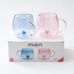 Mien İkili Cam Kupa Seti 250 ml – Kalpli Tasarım Mavi & Pembe Şık Kupa Takımı - Görsel 3