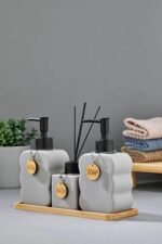 Cooker 3'lü 300 ml Seramik Bambu Standlı Banyo Seti CKR3883 - Görsel 3
