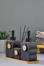 Cooker 3'lü 300 ml Seramik Bambu Standlı Banyo Seti CKR3883 - Görsel 4