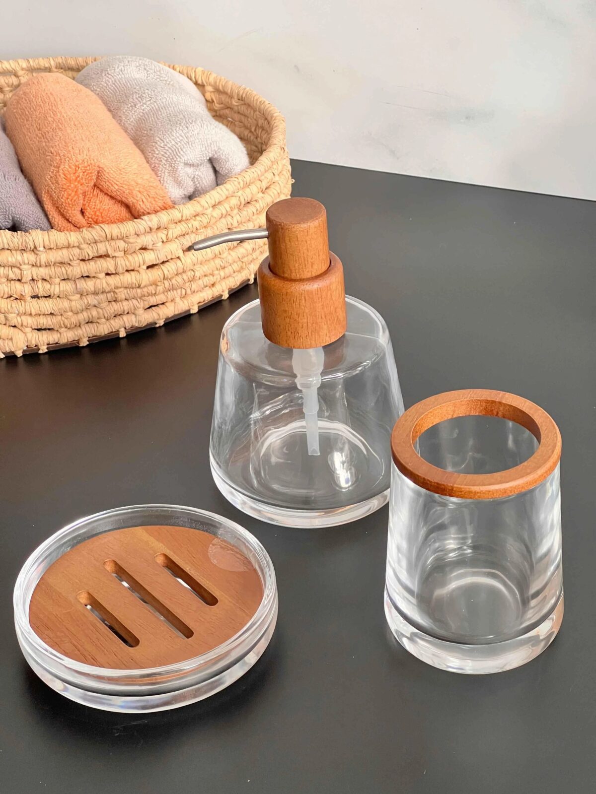 AROW Naturel Ahşap Dokunuşlu Cam Banyo Seti 3 Parça - Görsel 4
