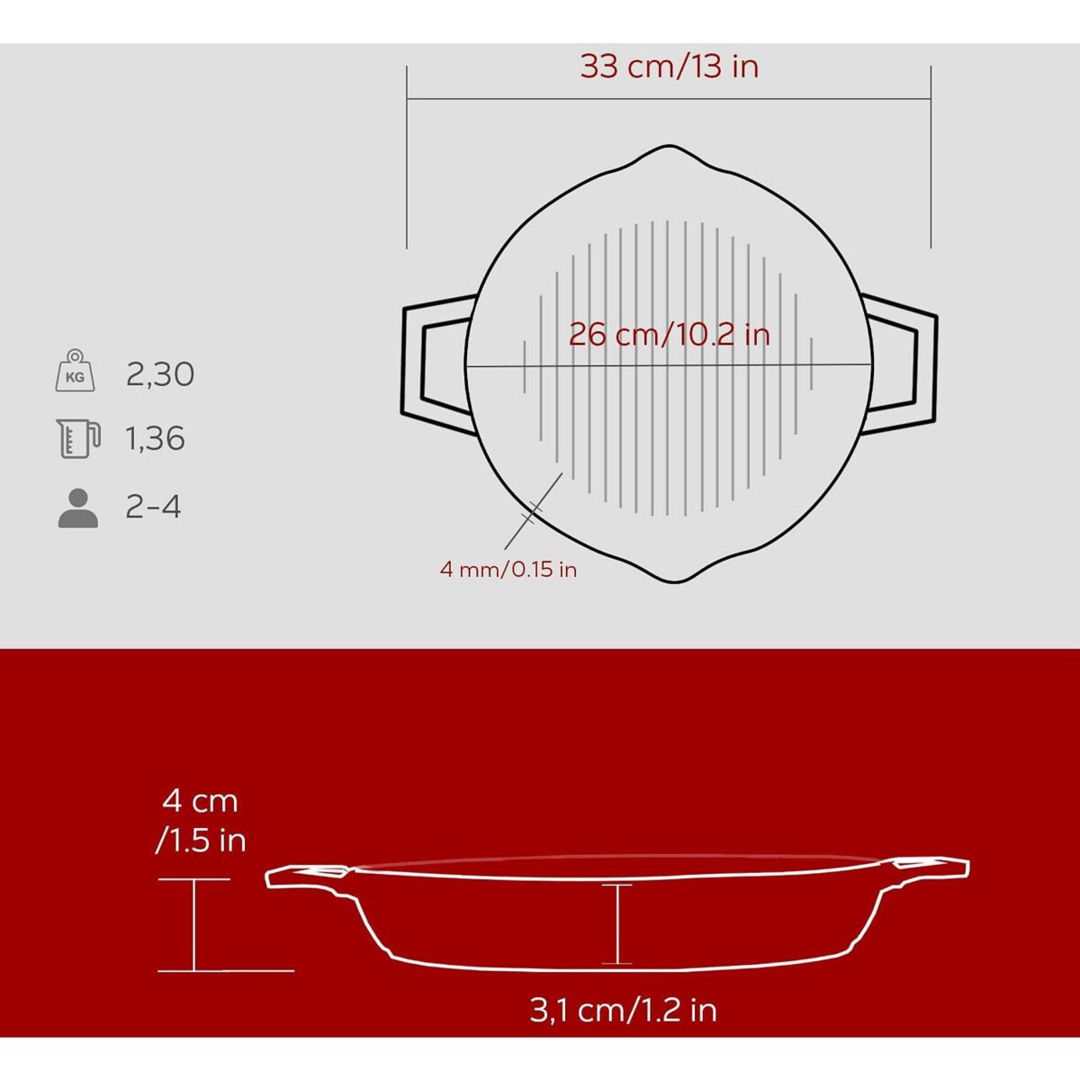LAVA Yuvarlak Döküm Demir Izgara Tava Bordo 26 cm