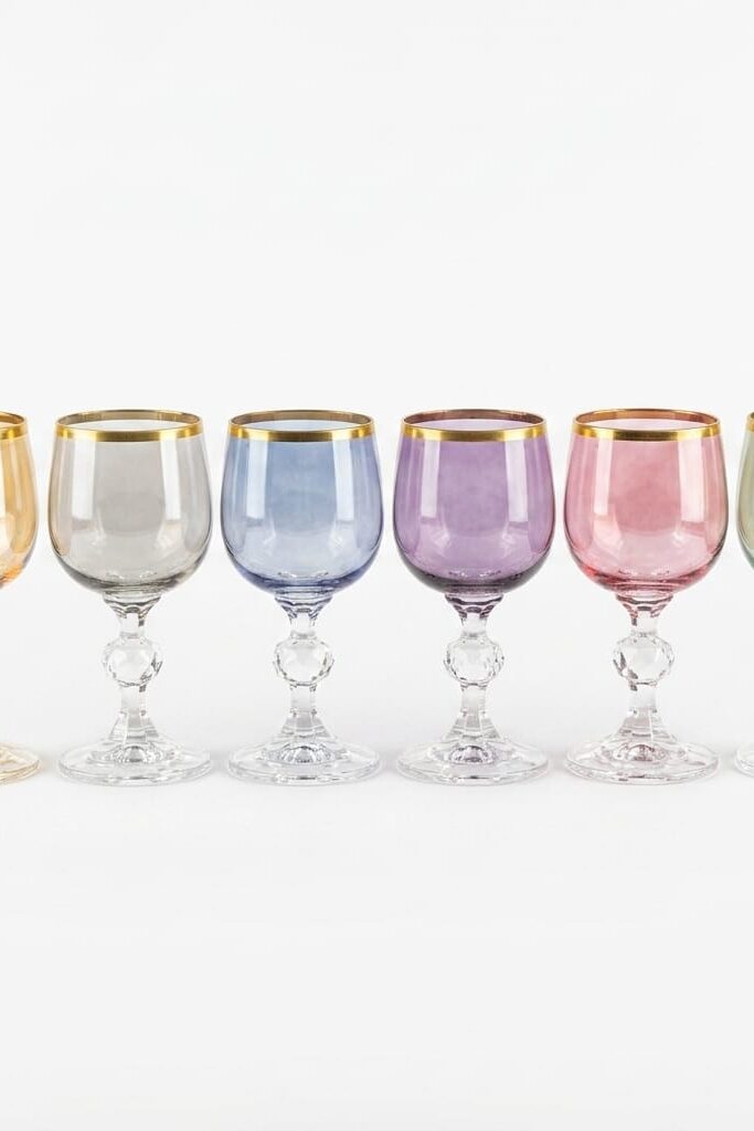 6'lı Renkli Kristal Görünümlü Lüster Yaldızlı Kadeh Seti 90 ml