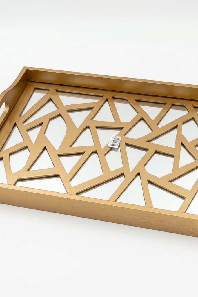 Gold Geometrik Dekoratif Tepsi Ahşap Camlı Sunum Tepsisi