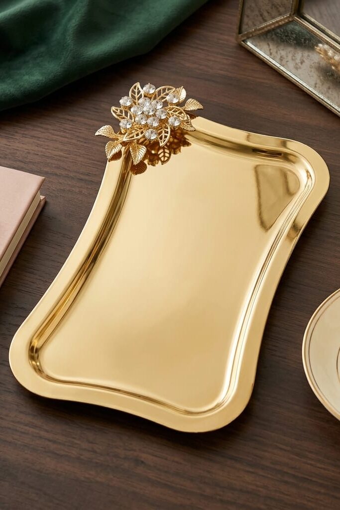 DGN-TAS08 Taşlı Gold Dekoratif Tepsi Sunum Tepsisi