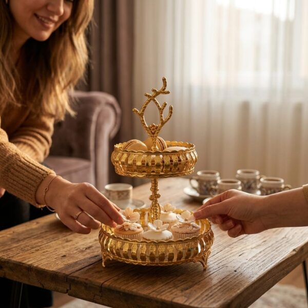 Sedef 2 Katlı Gold Metal Mini Sunumluk