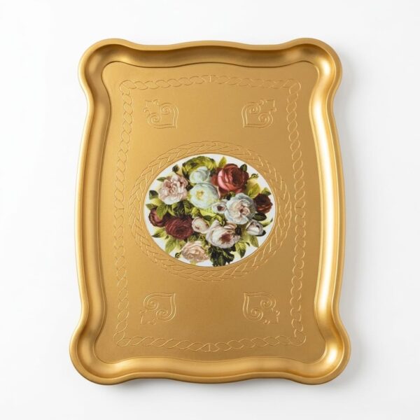 Dikdörtgen Büyük Gül Ağaç Tepsi Sedef Gold 50x33 cm
