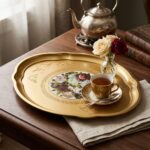 Oval Gül Desenli Gold Ahşap Sunum Tepsisi - Görsel 2
