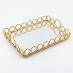 Gold Dikdörtgen Aynalı Dekoratif Aksesuar ve Parfüm Tepsisi 36x24 cm