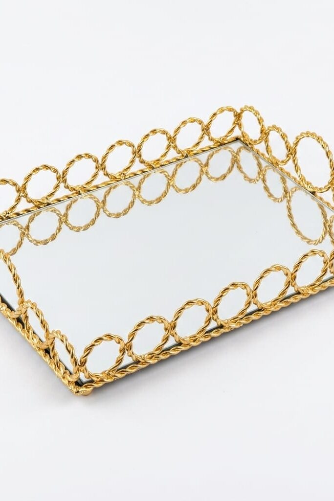 Gold Dikdörtgen Aynalı Dekoratif Aksesuar ve Parfüm Tepsisi 36x24 cm