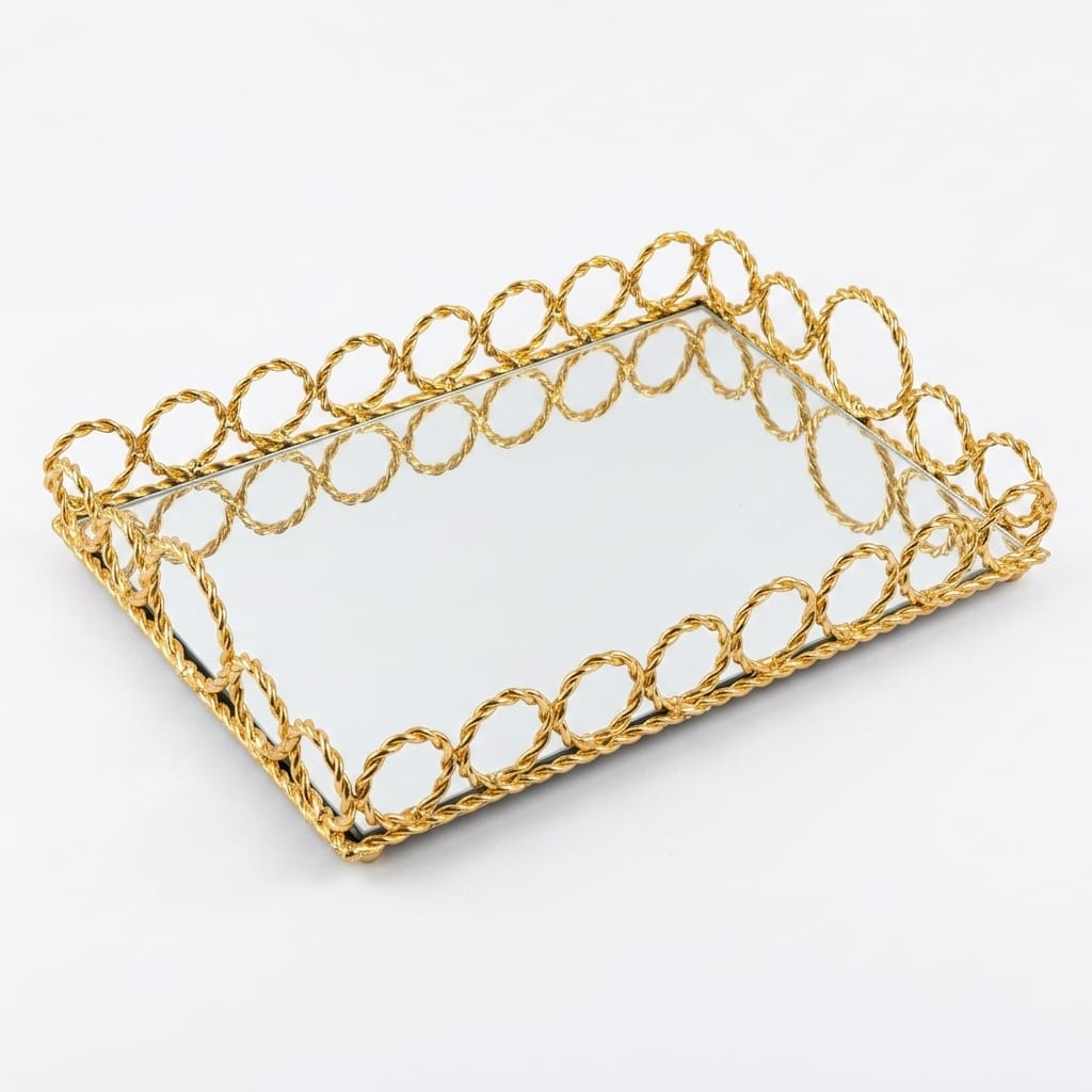 Gold Dikdörtgen Aynalı Dekoratif Aksesuar ve Parfüm Tepsisi 36x24 cm