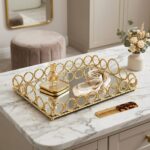 Gold Dikdörtgen Aynalı Dekoratif Aksesuar ve Parfüm Tepsisi 36x24 cm