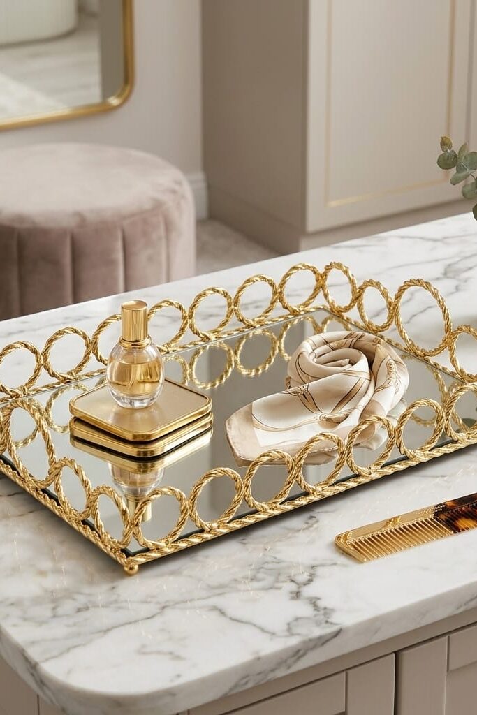 Gold Dikdörtgen Aynalı Dekoratif Aksesuar ve Parfüm Tepsisi 36x24 cm