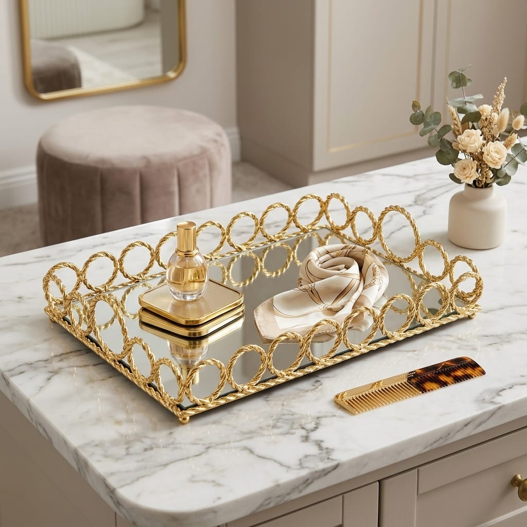 Gold Dikdörtgen Aynalı Dekoratif Aksesuar ve Parfüm Tepsisi 36x24 cm