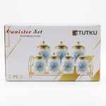 Tutku KB1007 Mavi Çiçek Desenli Porselen 7'li Baharat Takımı ve Metal Stand - Görsel 3