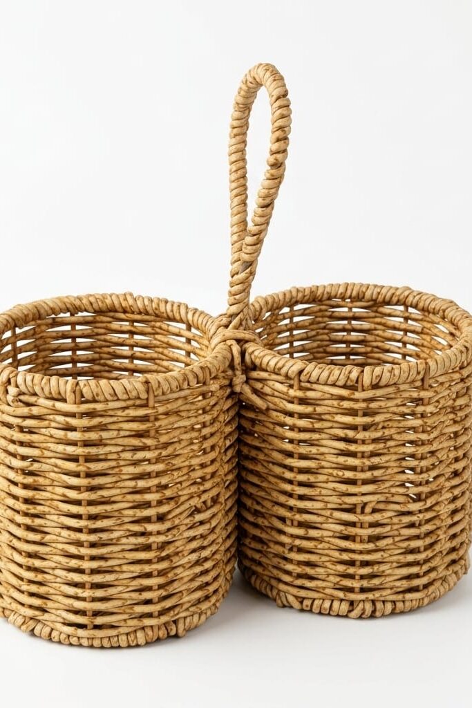 Gold Home Rattan Hasır Organizer 2 Bölmeli Yuvarlak Sepet