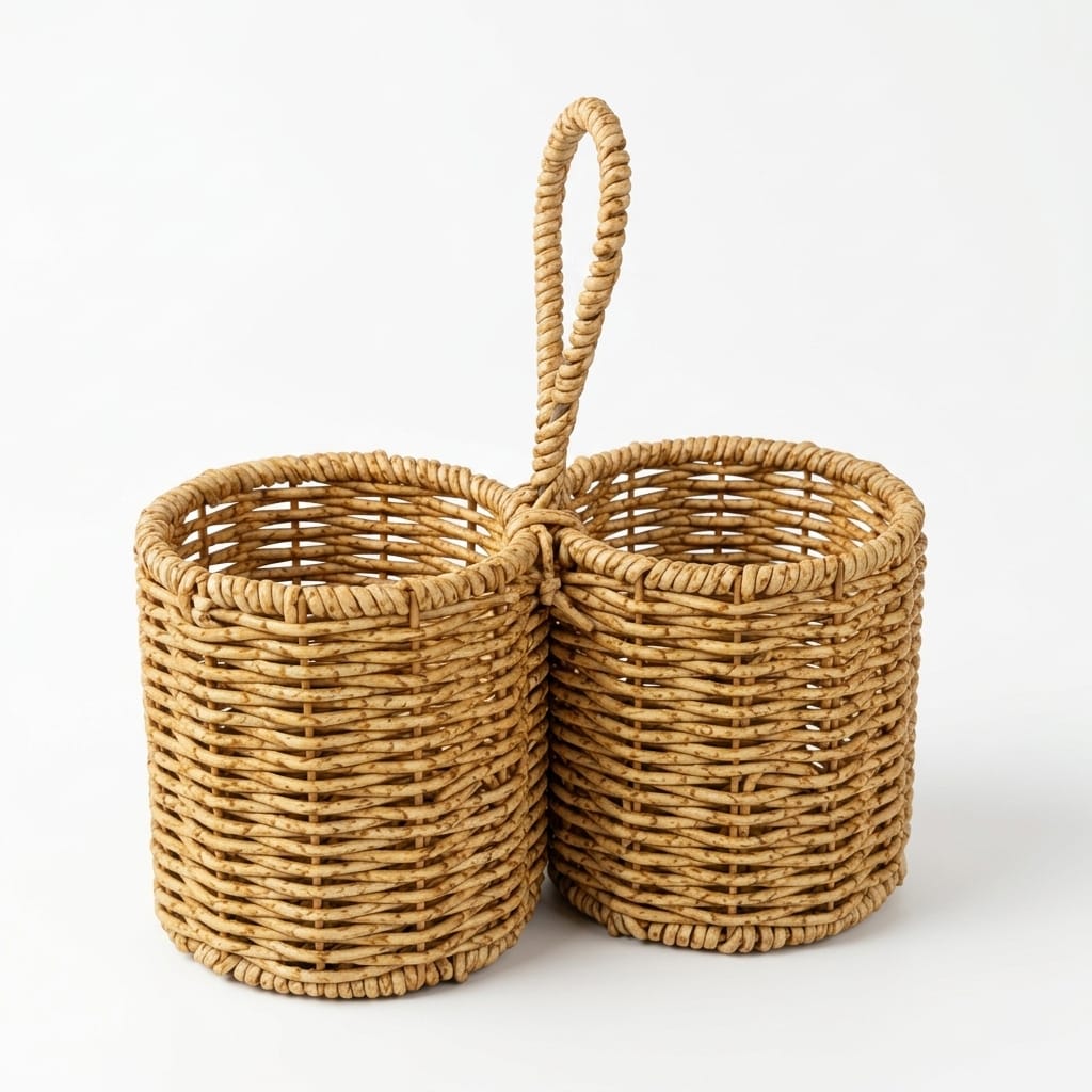 Gold Home Rattan Hasır Organizer 2 Bölmeli Yuvarlak Sepet